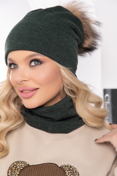 Комплект шапка с помпоном и снуд (хаки) ШПС13