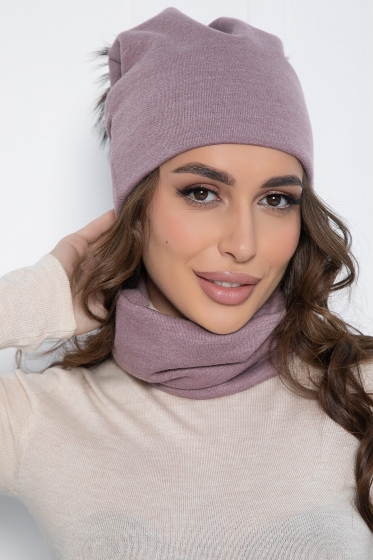 Комплект шапка с помпоном и снуд (лиловый) ШПС18