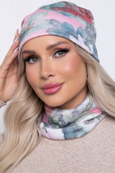 Комплект шапка и снуд (цветы/розовый) ШС08