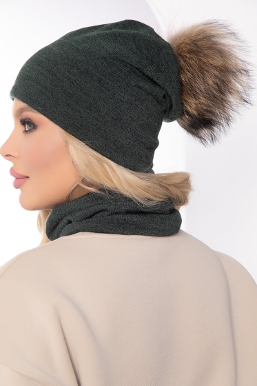 Комплект шапка с помпоном и снуд (хаки) ШПС13
