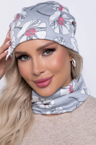 Комплект шапка и снуд (цветы/серебро) ШС09