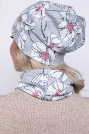 Комплект шапка и снуд (цветы/серебро) ШС09