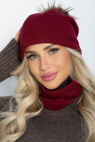 Комплект шапка с помпоном и снуд (вишня) ШПС15